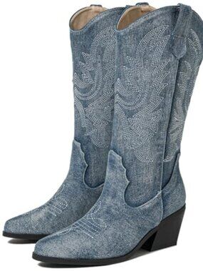 🆕 Blue Denim Cowboy Boots Mid Calf Cowgirl Boots for Women Pointed Toe Heeled